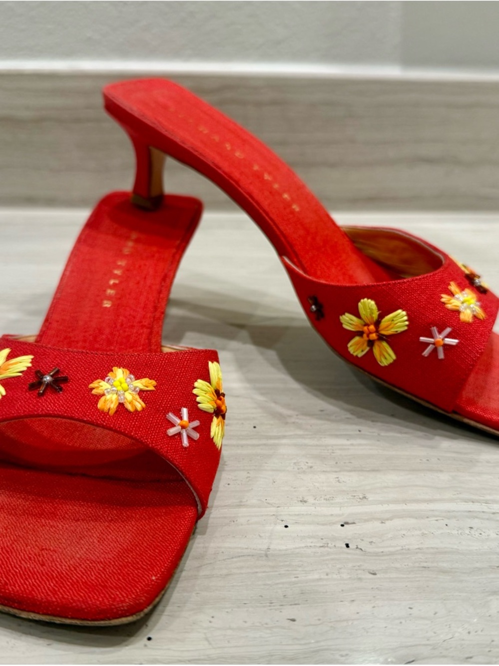 Richard Tyler Red Embroidered Floral Heel Slides